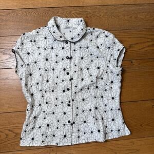 Vintage Richard Malcom Irish Linen Button Up SZ L Embroidered White Black Floral